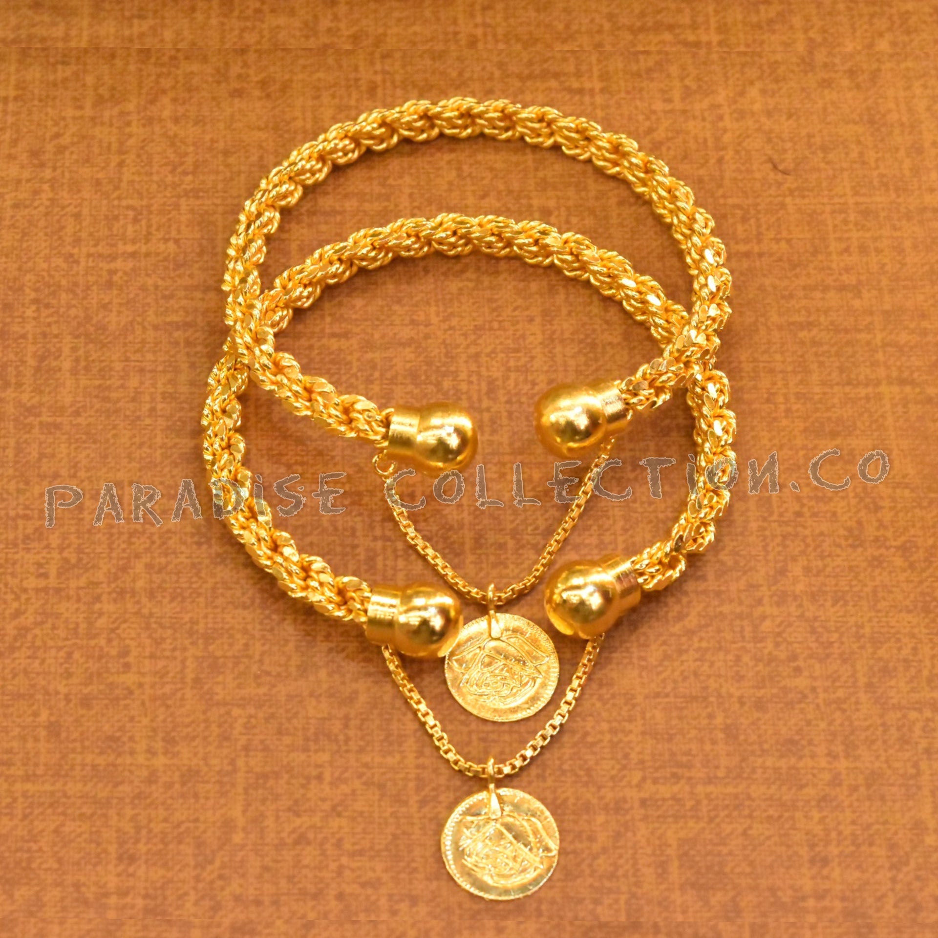 Gold Plated Twisted Bangles With A Coin Hanging Real Gold Look With Fancy Jewelry Box Free