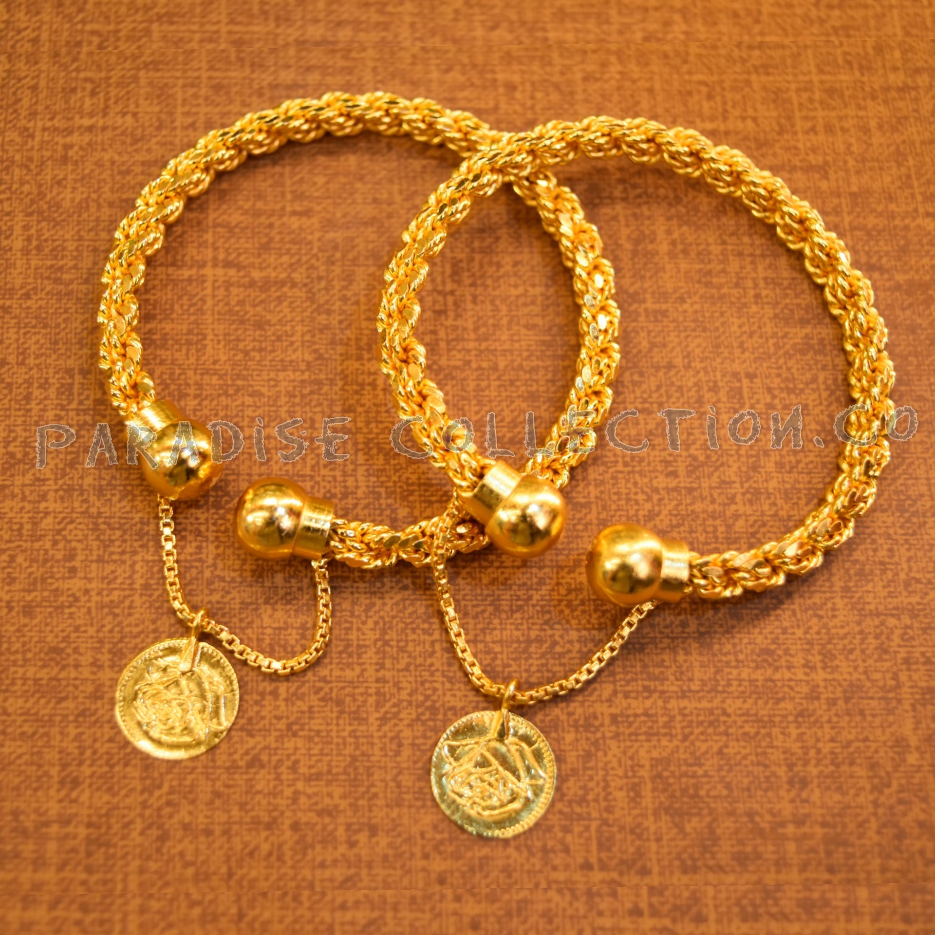 Gold Plated Twisted Bangles With A Coin Hanging Real Gold Look With Fancy Jewelry Box Free