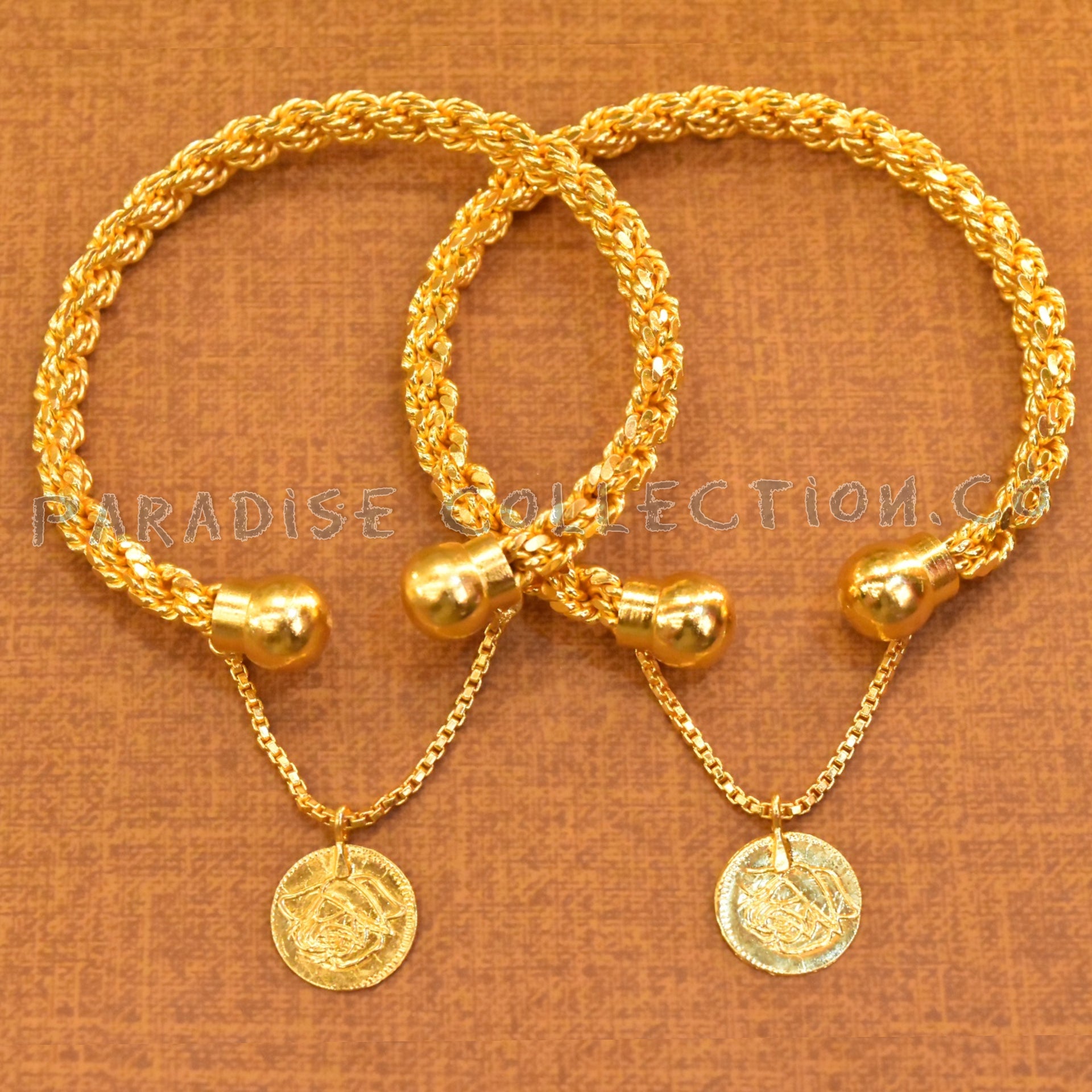 Gold Plated Twisted Bangles With A Coin Hanging Real Gold Look With Fancy Jewelry Box Free